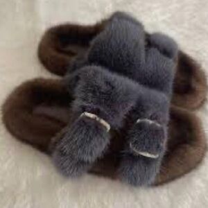 Grey Fussy Fury Cozy Slide Sandals - Dark Gray with silver buckles in size 7